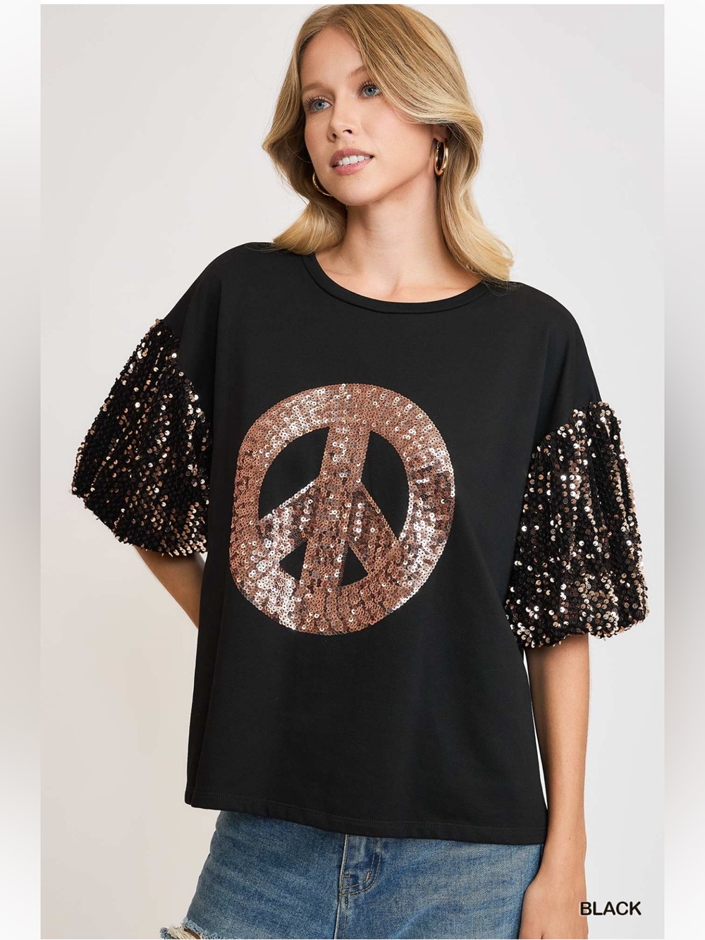 Black Sequin Peace Sign Puff Sleeve Top